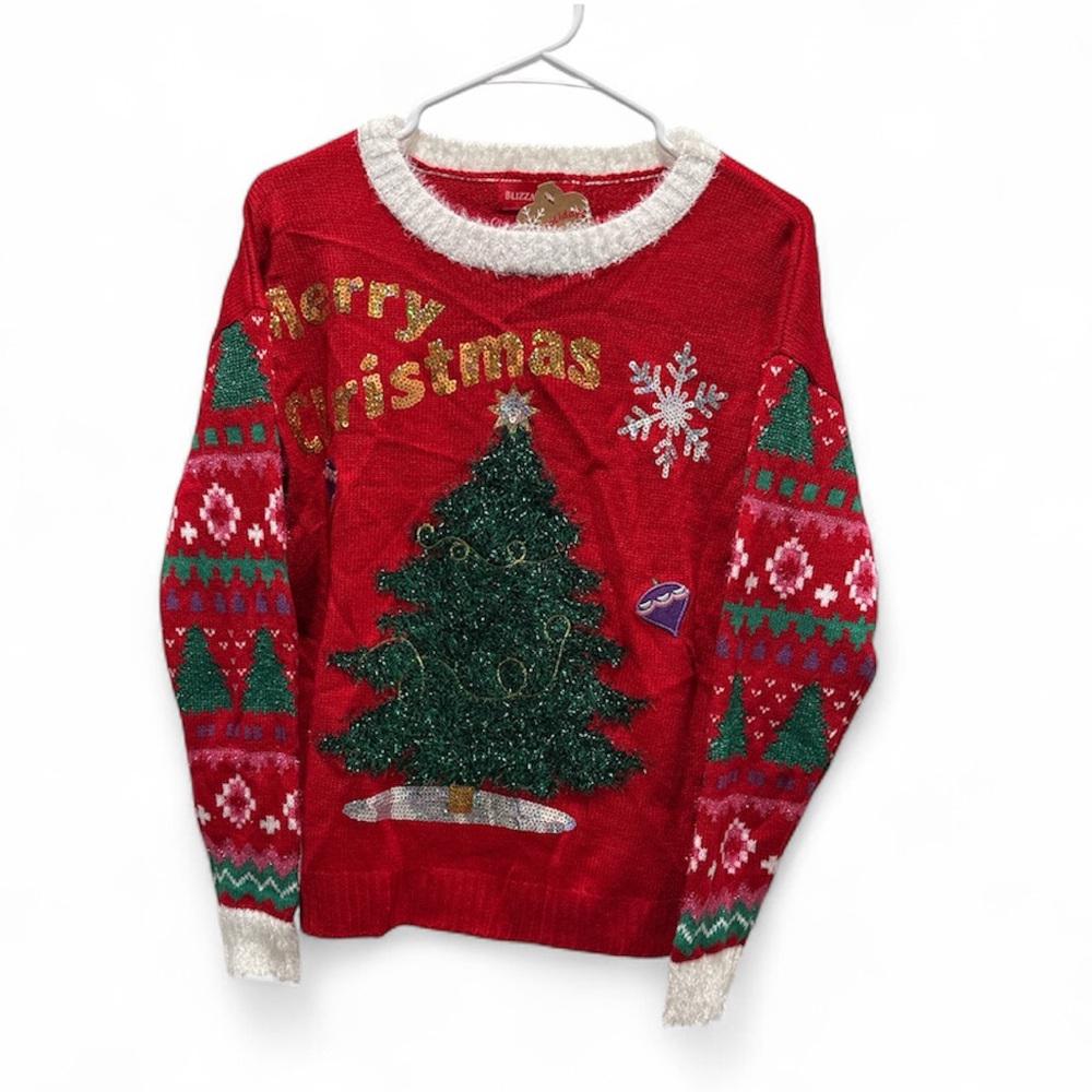 Red Holiday Ugly Christmas Sweater with Tree Design New Small